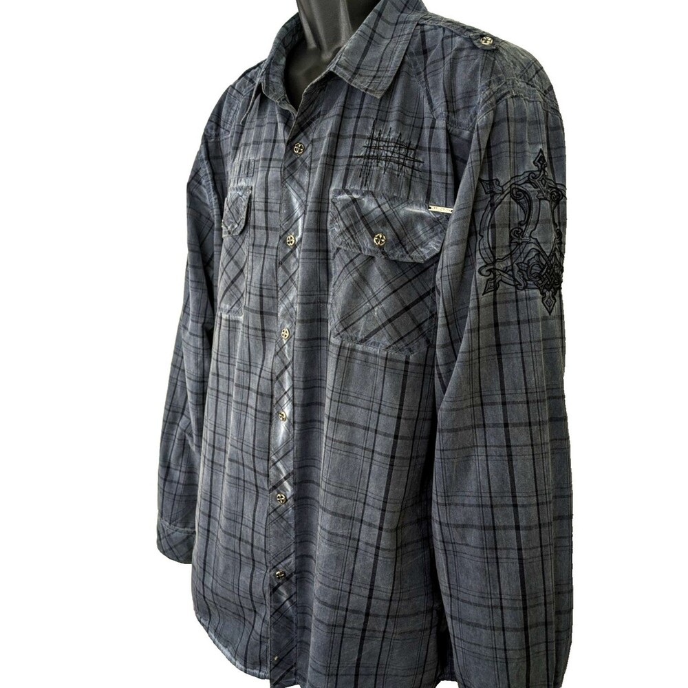 Affliction 100% Cotton Men's XL Blue Distressed Embroidered Button Front Shirt